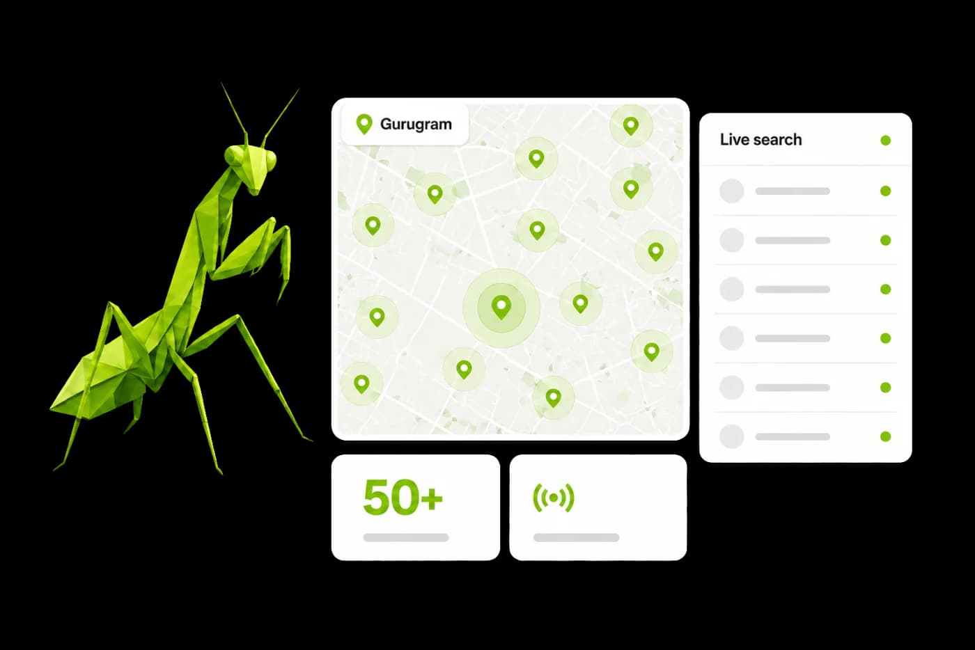 The Mantis workspace showing a live search across Gurugram, with sources being scanned in real time