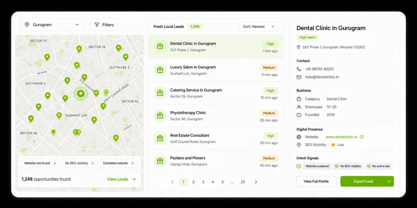 The Mantis workspace showing local opportunities on a map, filtered by website and visibility gaps