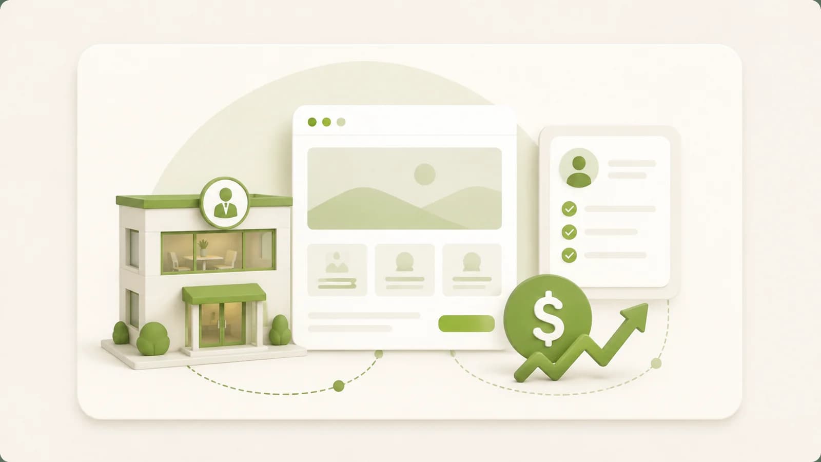 Flat illustration of a professional practice office beside an informational website
