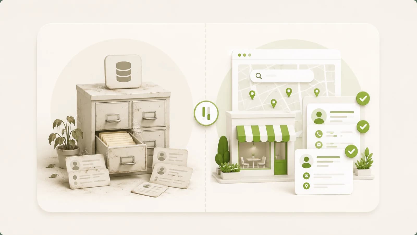 Flat illustration of a static file set against a live search