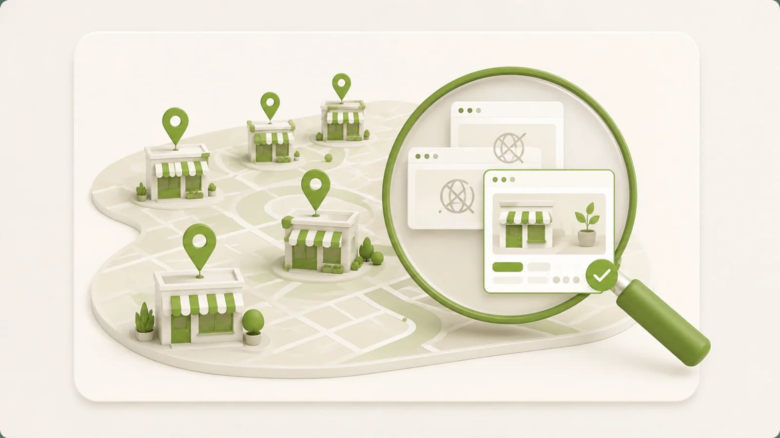 Flat illustration of nearby businesses pinned on a local map