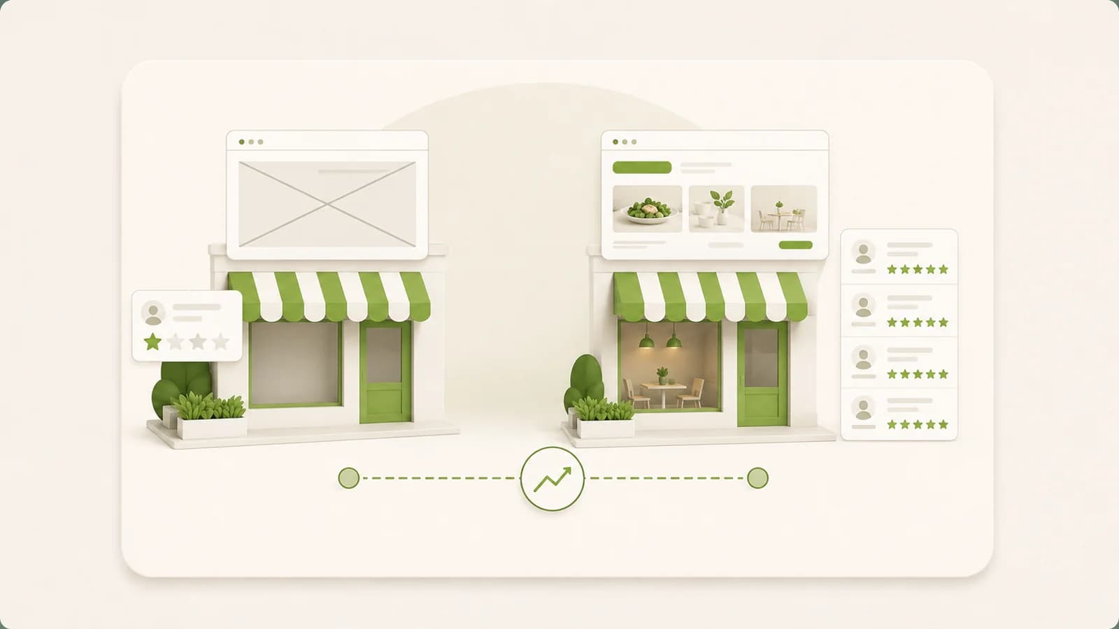 Flat illustration of two shopfronts compared, one without a website and few reviews, one with a website and many