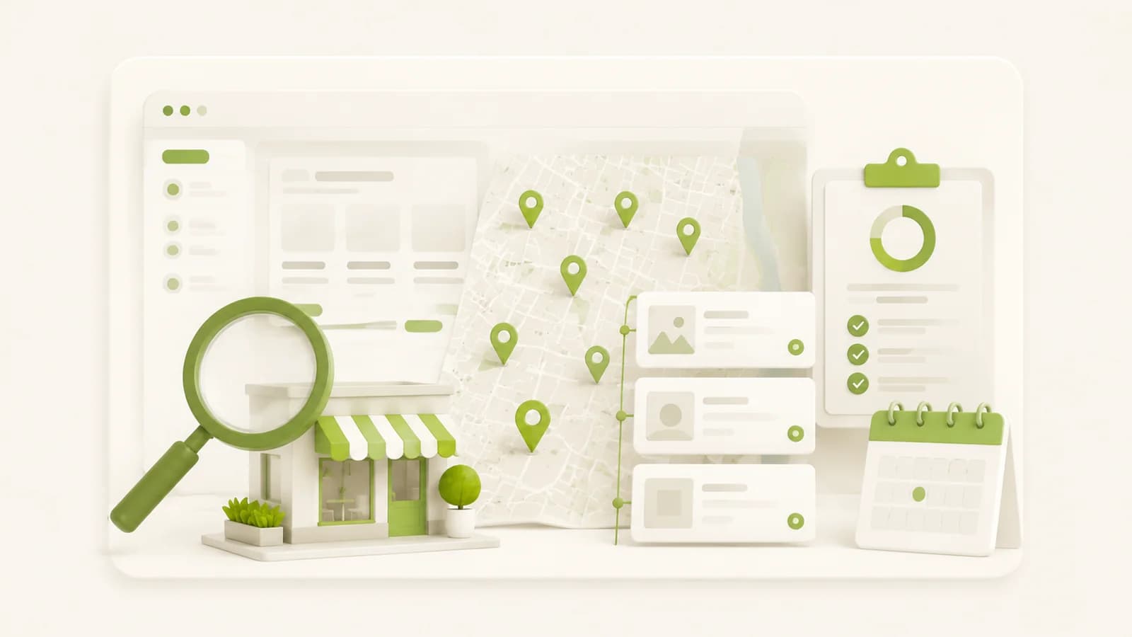 Flat illustration of a map interface being used to find businesses