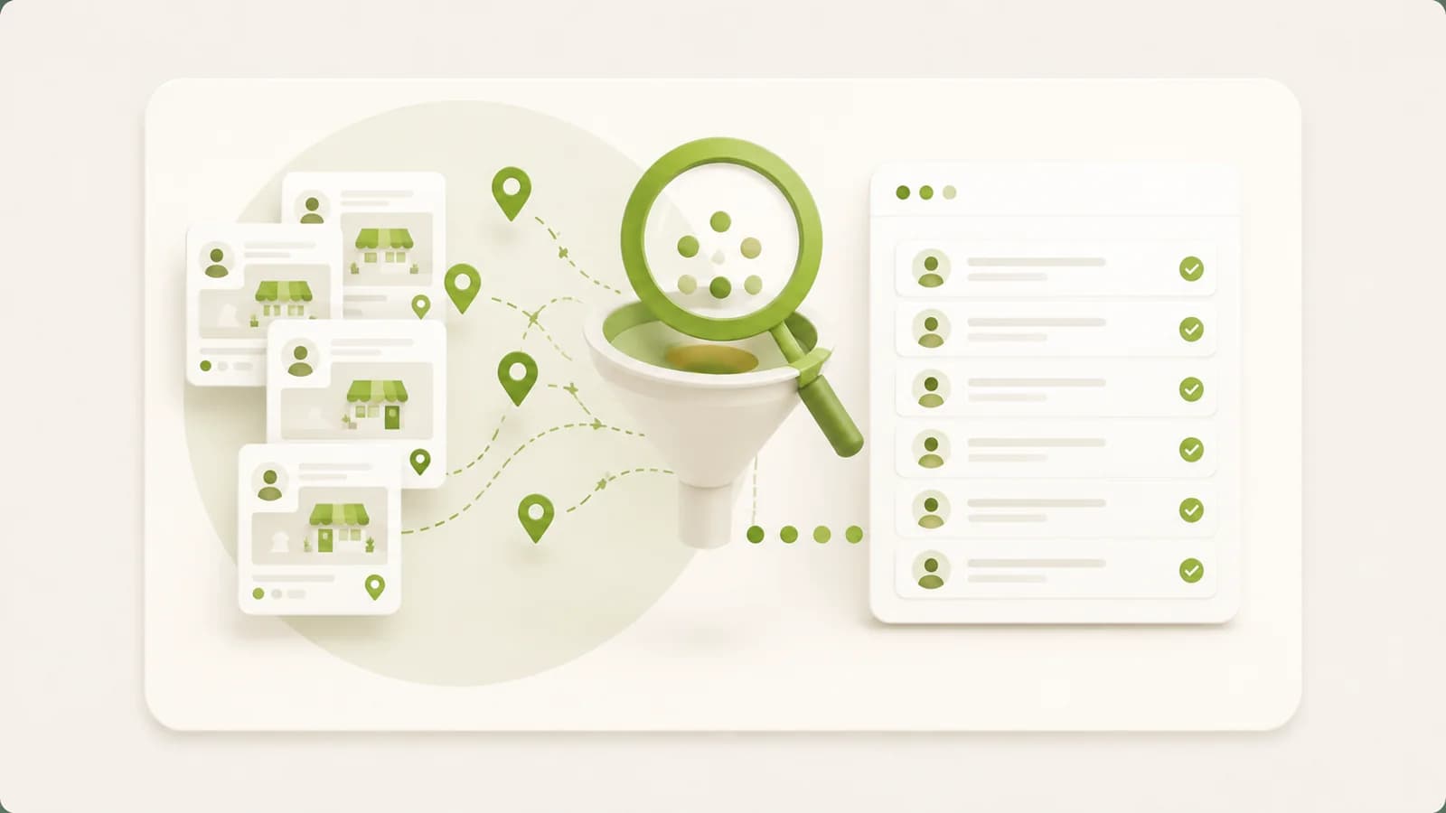 Flat illustration of a list of businesses being assembled and filtered