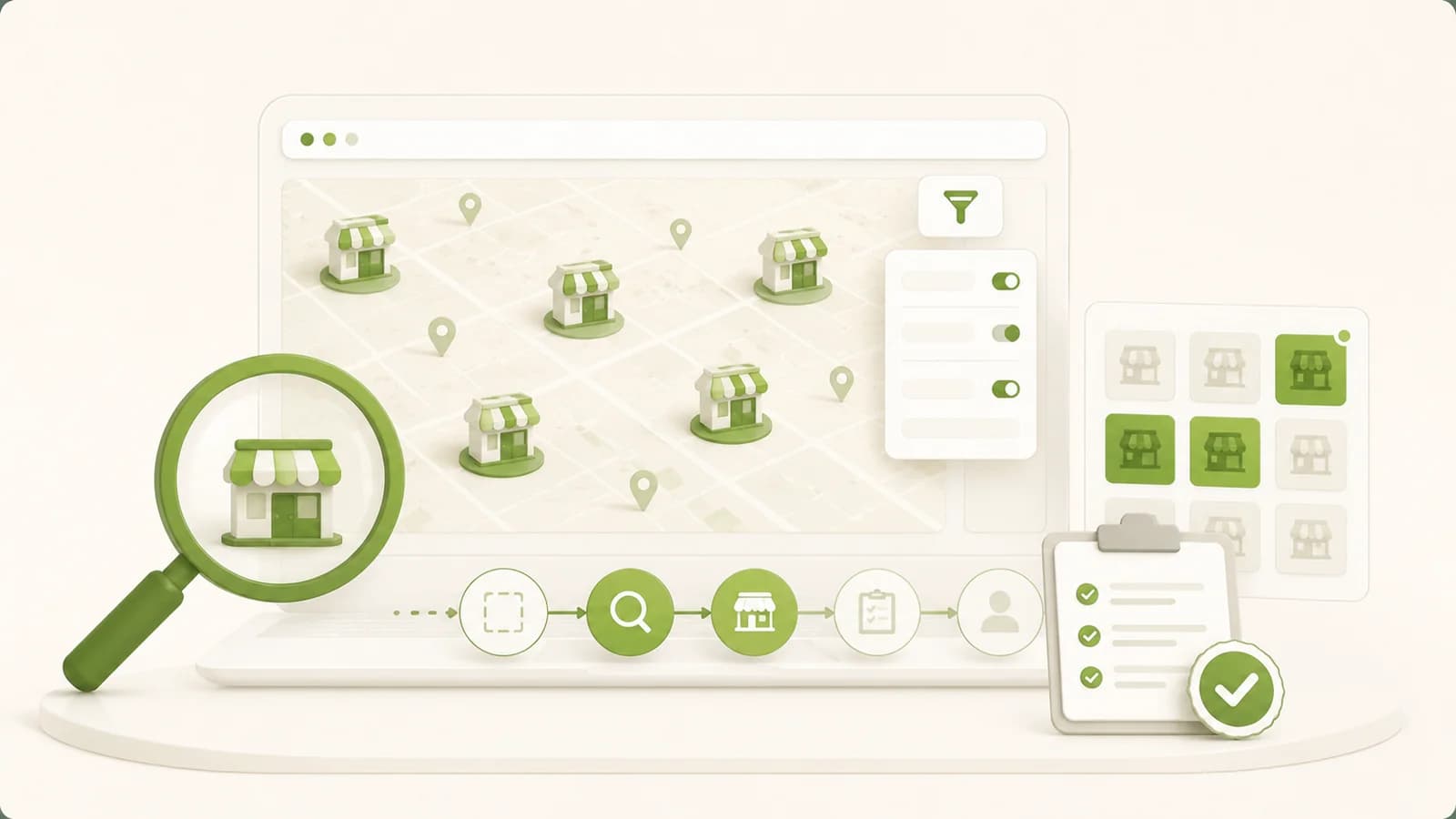Flat illustration of businesses on a map filtered down to those without a website