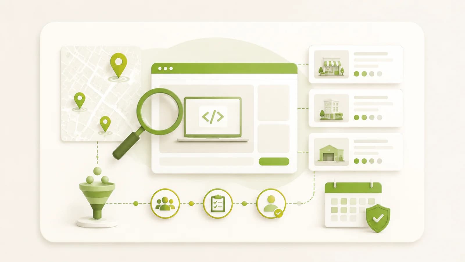 Flat illustration of a business system rather than a brochure site
