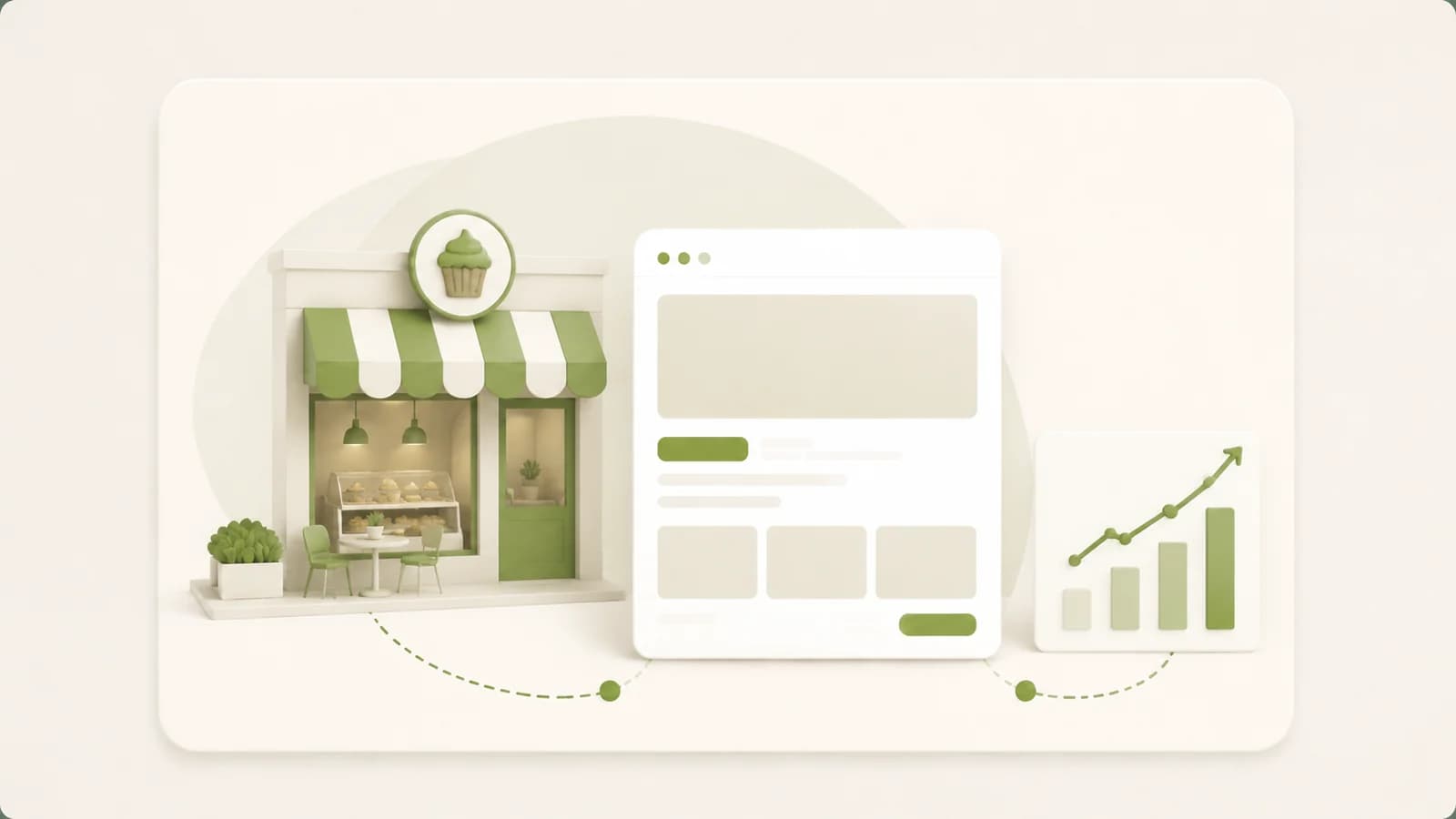 Flat illustration of a bakery shopfront beside an order catalogue