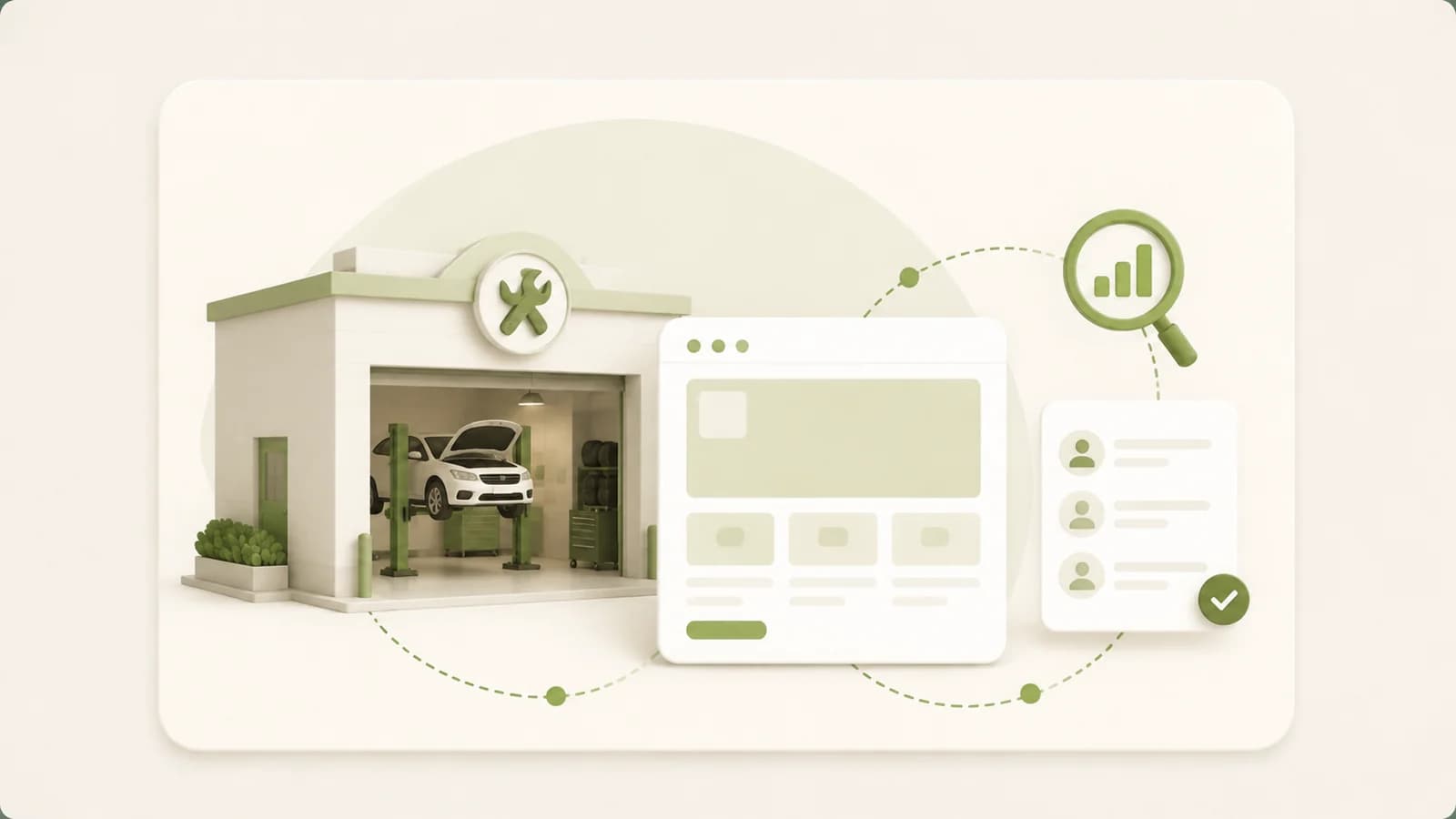 Flat illustration of a garage workshop beside a website mockup