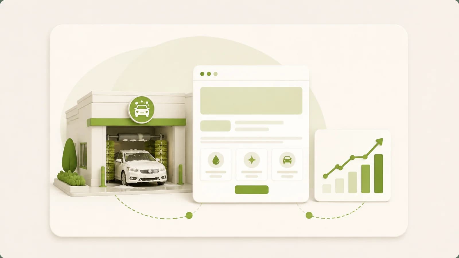 Flat illustration of a car wash beside a booking page