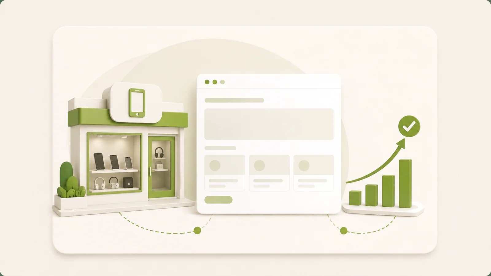 Flat illustration of an electronics shop beside a product range page