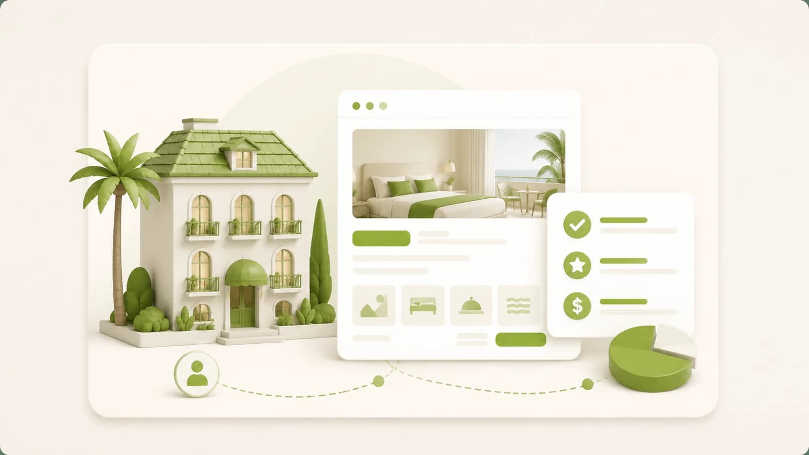 Flat illustration of a small guest house beside a booking page