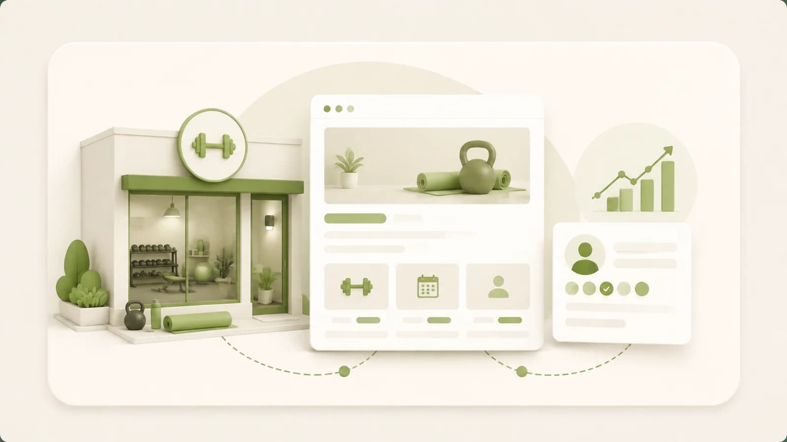 Flat illustration of a gym interior alongside a membership signup page