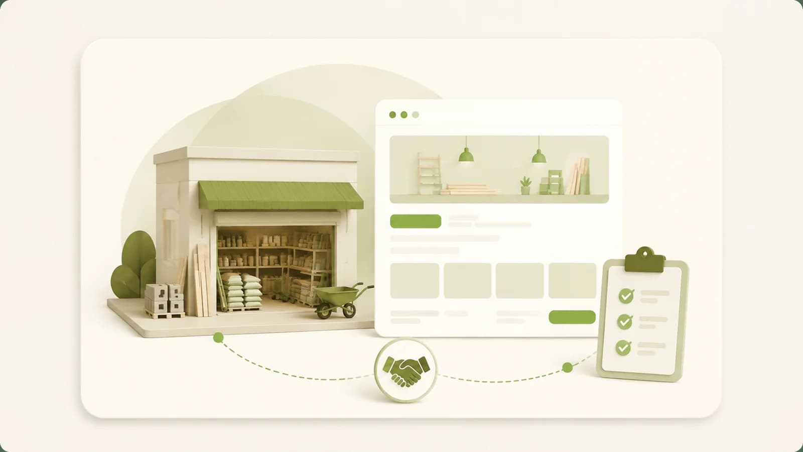 Flat illustration of a hardware store beside a product range page