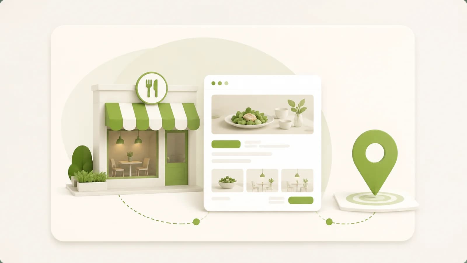 Flat illustration of a restaurant shopfront beside a website mockup and a map pin
