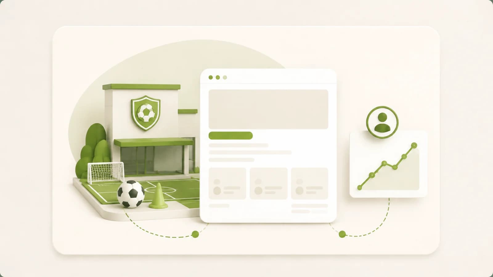Flat illustration of a sports academy alongside an admission enquiry page