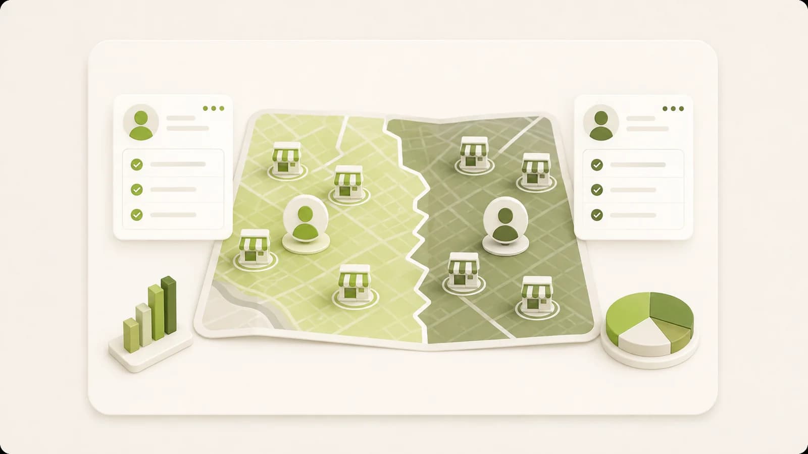 Flat illustration of a city map divided into working areas