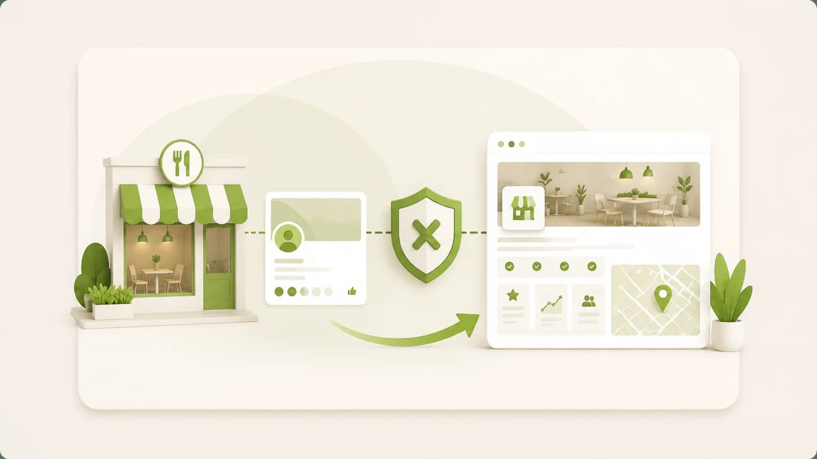Flat illustration of a social page set against an owned website
