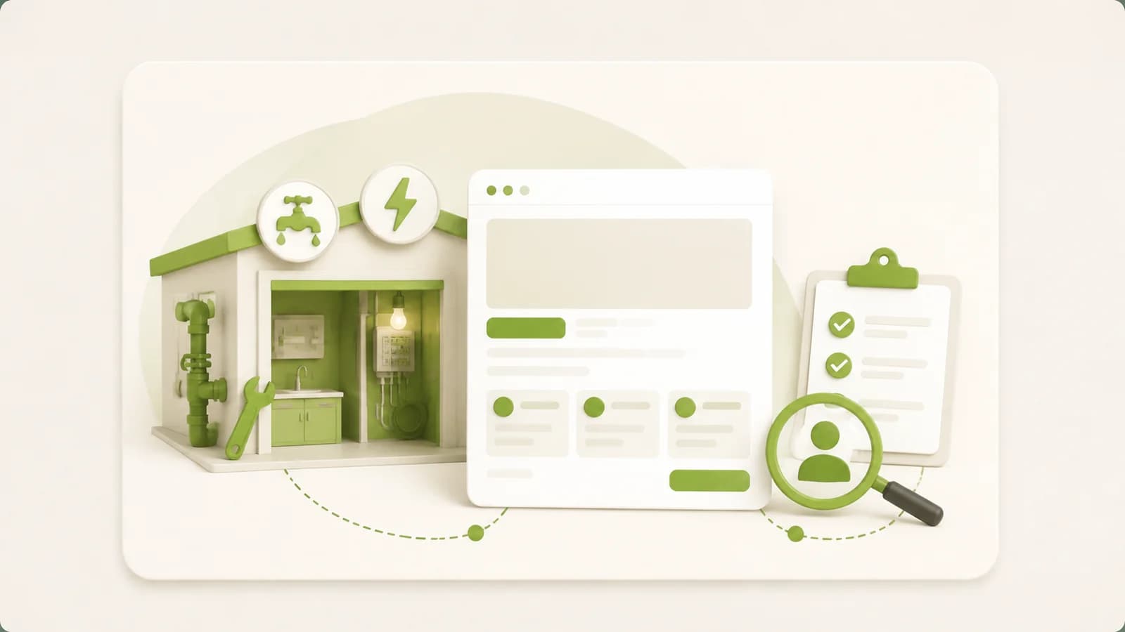 Flat illustration of a tradesperson's van beside a services page