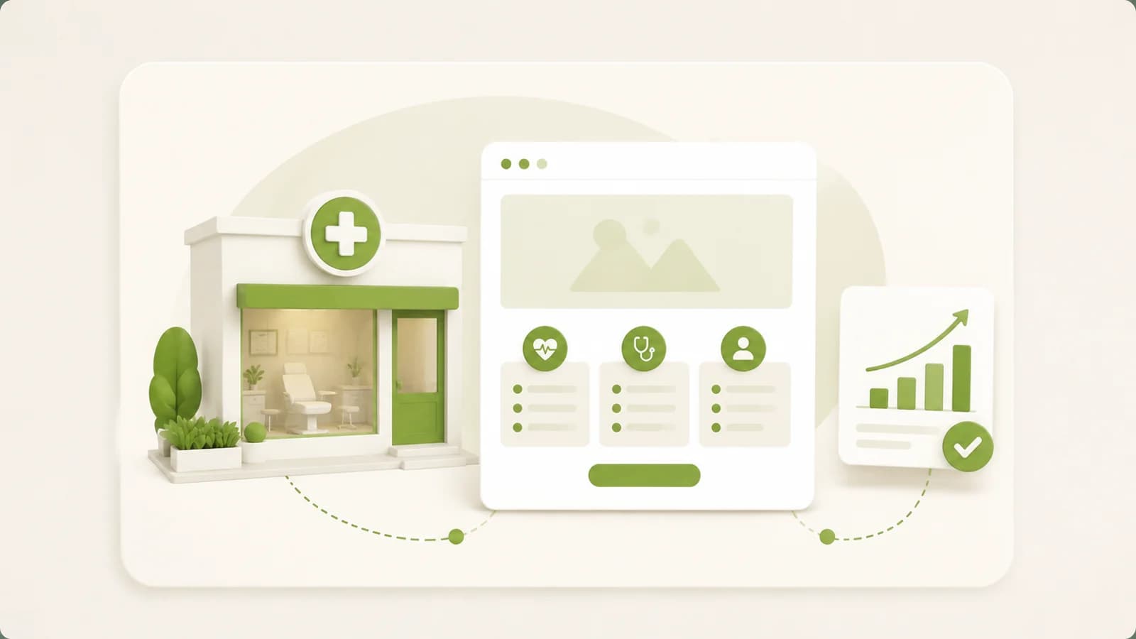 Flat illustration of a dental clinic beside an appointment page