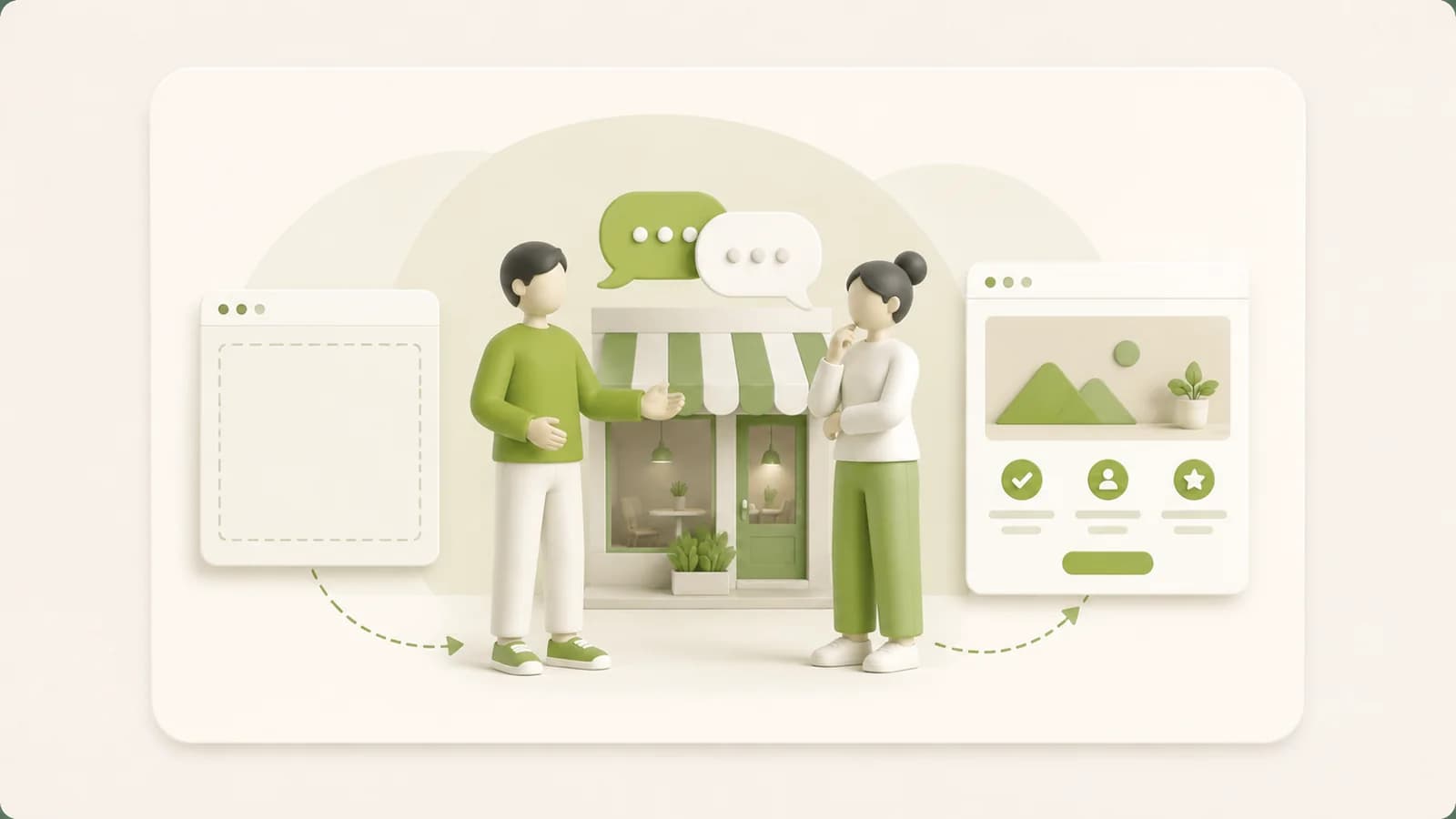 Flat illustration of an opening conversation at a shop counter