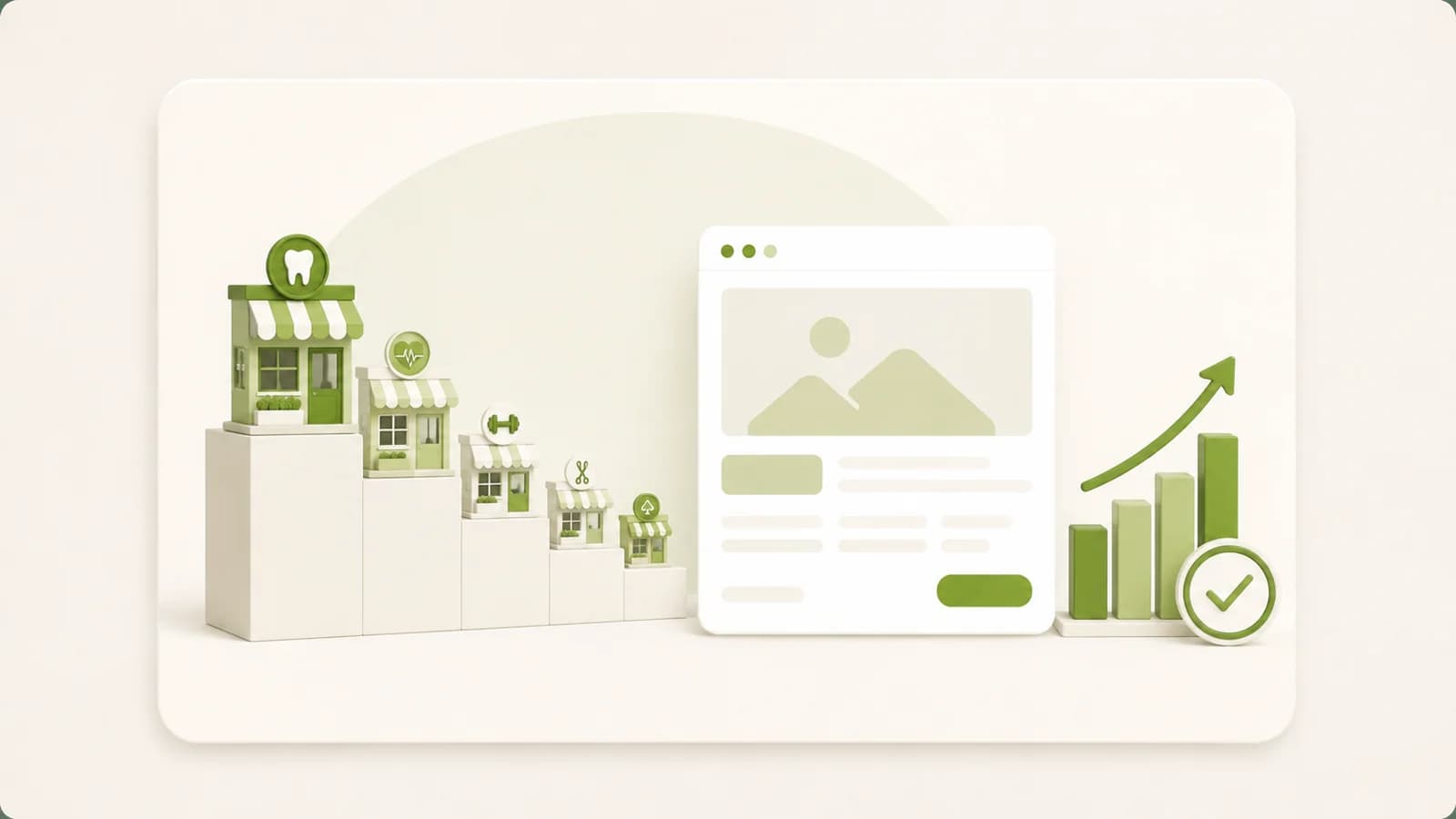 Flat illustration of several local business types ranked side by side