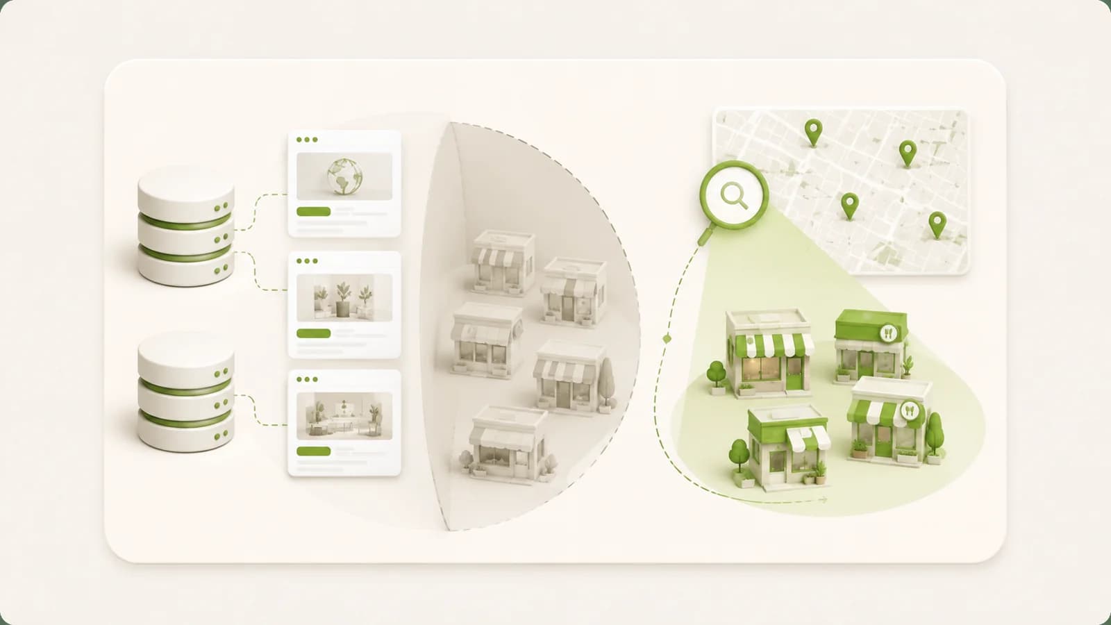 Flat illustration of a database search returning no record for a local business