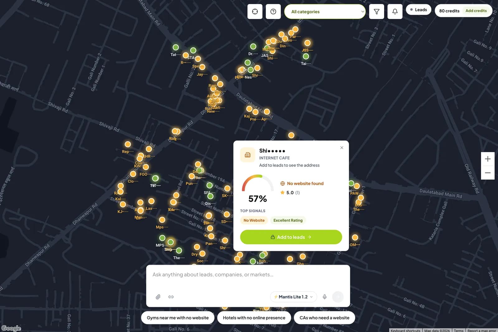 Mantis lead map with local businesses as pins and a lead card showing a heat score, No website found and an Add to leads button